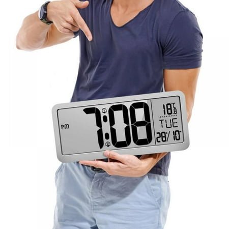 Rectangular Digital Wall Clock Battery Operated Electronic Alarm Clocks Large LCD Screen with Time,Date,Weekday,Temperature Display Wall Clock for Living Room Decor