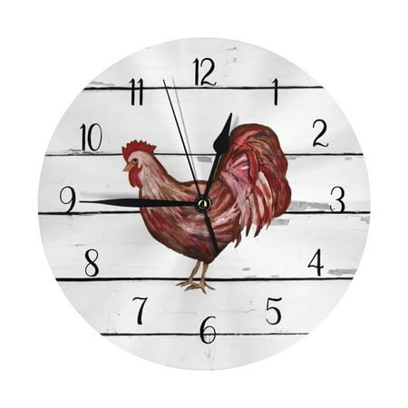 Red Rooster French Country Shiplap Farmhouse Decor Wall Clock - 10 Inch Silent Non-Ticking Wall Clocks -Country Retro Rustic Style Decorative For Living Room Kitchen Home Bathroom Bedroom