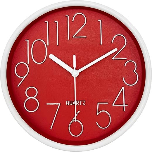 Red Small Wall Clock, 8 Inch Modern Battery Operated Round Analog Wall Clock, Simple Style Decor Clock for Home Office, Kitchen,Bathroom, Living Room, Kids Room