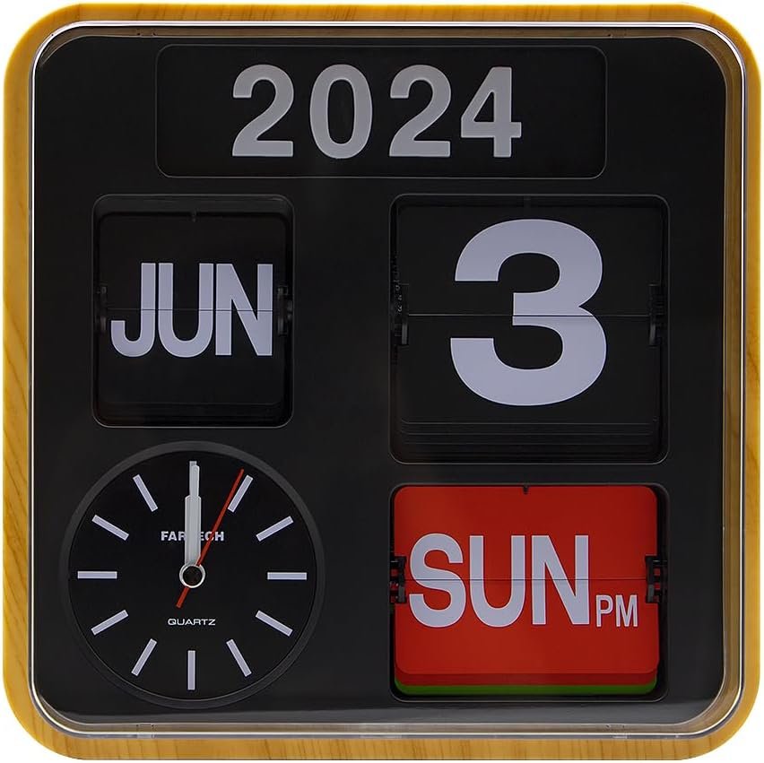 Retro Modern 9.45 Inches Calendar Day Date Flip Desk Wall Clock (Wood Grain)(No Battery Included)