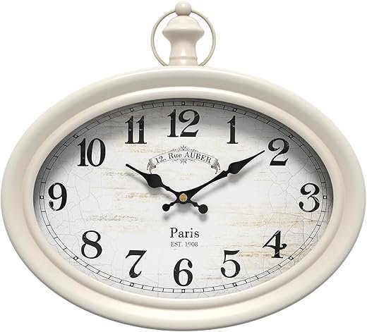 Retro Oval Wall Clock. White Vintage Antique Style. Battery Operated Silent Wall Clocks for Farmhouse,Kitchen,Bedroom,Bathroom (10.5" H x 11.3" W)