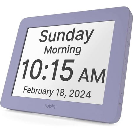 Robin Clock 2024 with Day and Date for Elderly, Clocks for Seniors, Dementia Clock, Digital Calendar Clock Elderly, Bedside Clocks Seniors, Alzheimers Products, Dementia Clocks Extra Large, Lavender