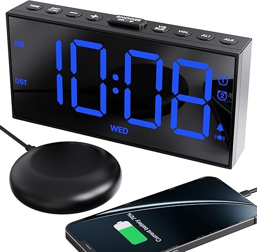 ROCAM Vibrating Alarm Clock for Heavy Sleepers, Loud Dual Alarm Clock with Bed Shaker Under Pillow for Hard of Hearing, Teens, Digital Clock for Bedroom with Weekday, Dimmer, USB Charging Port, Snooze