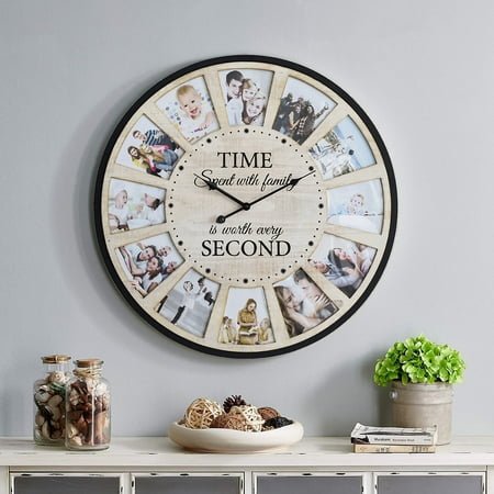 Rustic Farmhouse Wood Wall Clock with 12 Photo Collage, Large Oversized Wall Clock for Home, Kitchen, Living Room, Silent Battery Powered 24 Inch Natural