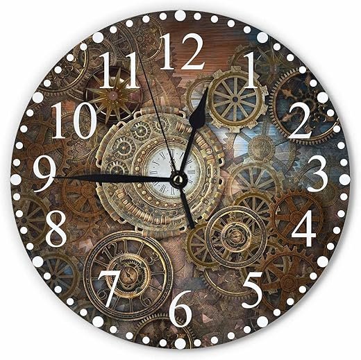 Rusty Steampunk Wall Clock 10 Inch Battery Operated Clock and Different Kinds of Gears Clock Silent Non-Ticking Modern Clocks Decorative for Home Kitchen Living Room Bathroom Office