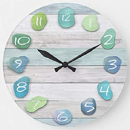 Sea Glass Beach Wall Clock Girls Summer Beach Wooden Round Clocks Wall Decor 15 Inch Battery Operated Decorative Wall Clock Silent Round Wood Wall Clock Hanging Clocks for Bedroom Living Room