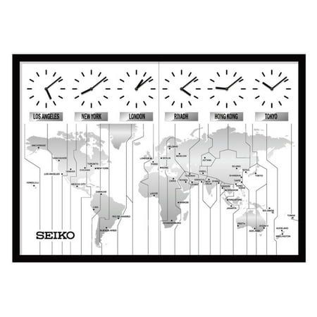 Seiko 24 World's View Wall Map with 6 Time Zone Clock, Traditional, Analog Quartz QXA538KLH