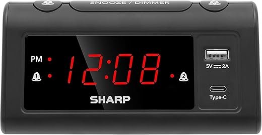 Sharp Alarm Clock for Bedrooms, Super Fast USB-C Charging and Fast 2 Amp USB Charging, 2 Alarms, 3-Step Dimmer, Snooze, Easy to Set Controls, Black with Red LED Display