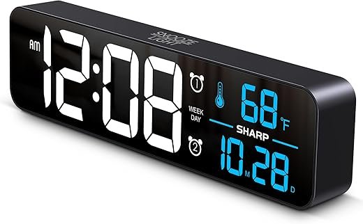 Sharp Digital Large Display Alarm Clock for Living Room Office Bedroom Date and Indoor Temperature Display, Weekend and Weekday Alarm Settings, 5-Step Dimmer Function