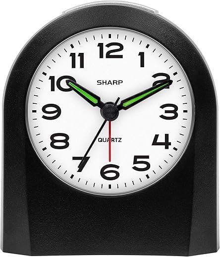 Sharp Small Battery Operated Analog Alarm Clock Silent No Ticking, Lighted on Demand and Snooze, Beep Sounds, Gentle Wake, Ascending Alarm, Black