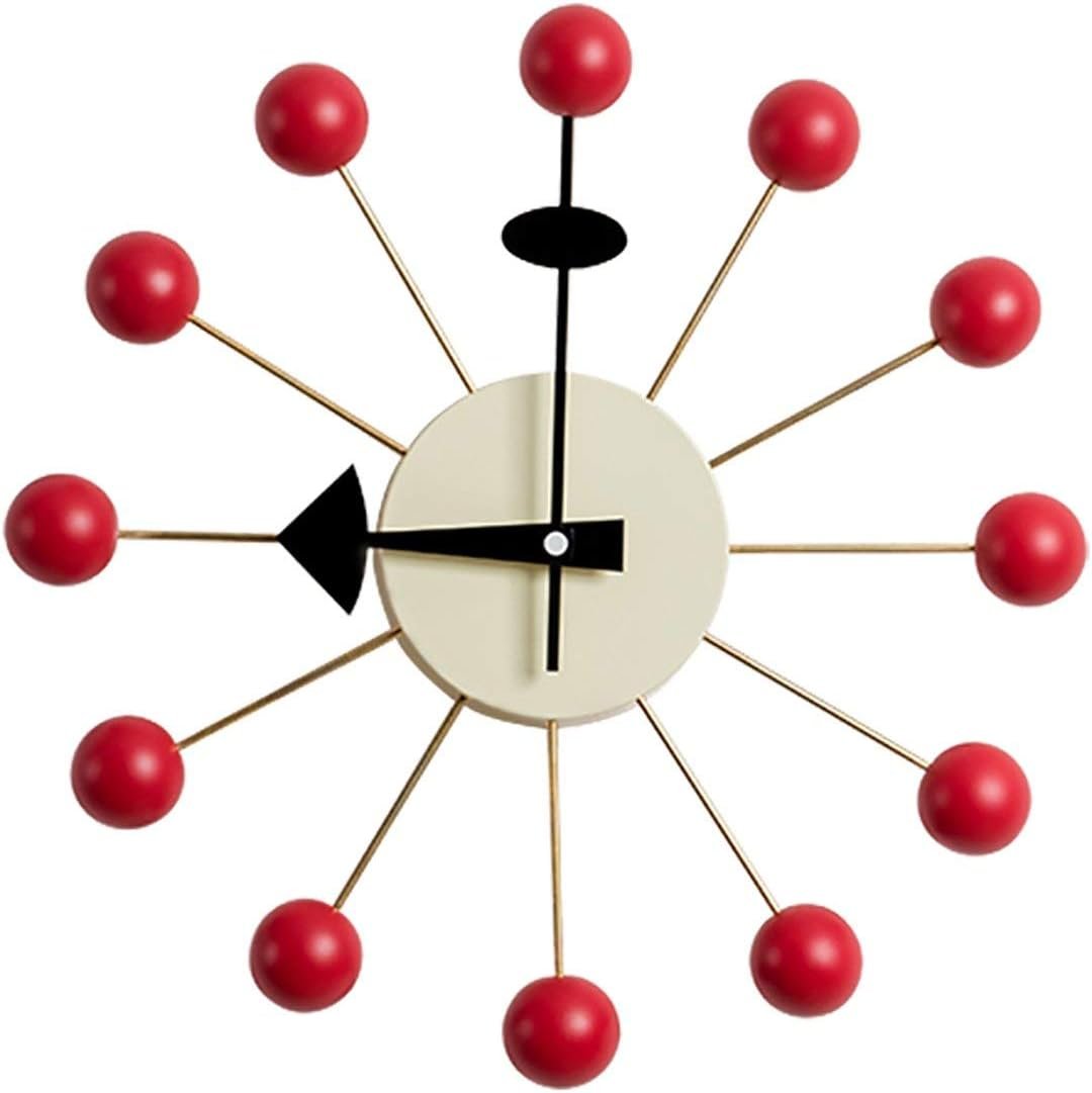 SHISEDECO Mid Century Painted Solid Wood Non Ticking Decorative Modern Silent Wall Clocks Retro Design for Home, Kitchen, Living Room, Office etc.,(Ball Clock in Red)