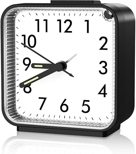 Silent Non Ticking Small Clock, Loud Alarm Clock for Heavy Sleepers,Travel with Night Light, Battery Operated, Simple Design, for Bedroom, Bedside, Desk, Adult, Kid (Black)