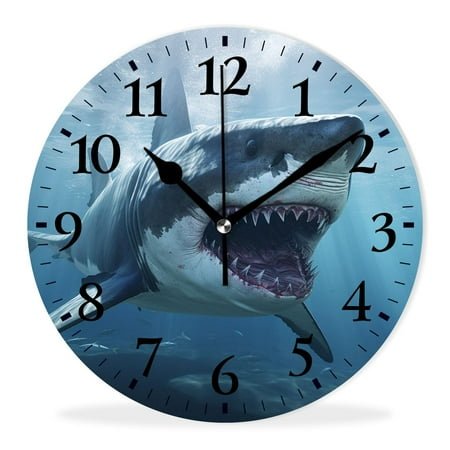 Silent Quartz Wall Clocks Non-Ticking Battery Operated Battery Operated Modern Wall Clocks for Office-Scary Great White Shark Open the Mouth(16inch)