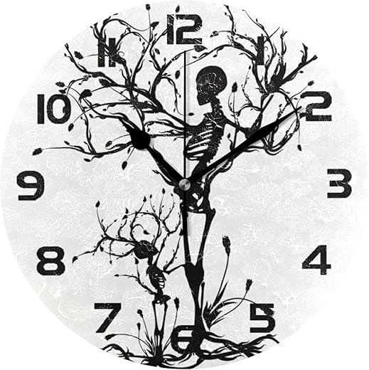 Skull Skeleton Tree Wall Clock Silent Non-Ticking,Halloween Gothic 9.5 Inch Round Wall Clock Battery Operated Clock Decor for Home Wall Bathroom Kitchen Bedroom Living Room Office Classroom Patio