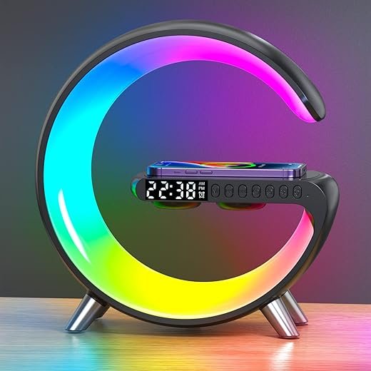 Smart LED Table Lamp，Bluetooth Speaker Alarm Clock with Wireless Charger，with App Control for Bedroom, Office, and Home Decor (Black)