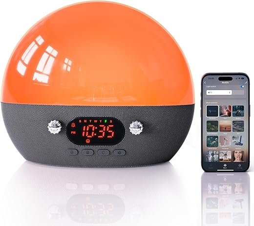 Smart Sunrise Alarm Clocks for Bedrooms, Bluetooth Speaker, APP Control White Noise Sound Machine, Sunset Night Light Wake up Light for Kids, Teens, Adults, Heavy Sleepers