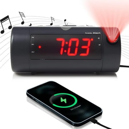 Sonic Alert - Sonic Blast Digital Projection Alarm Clock, Bluetooth Speaker, USB Charging Port - Black