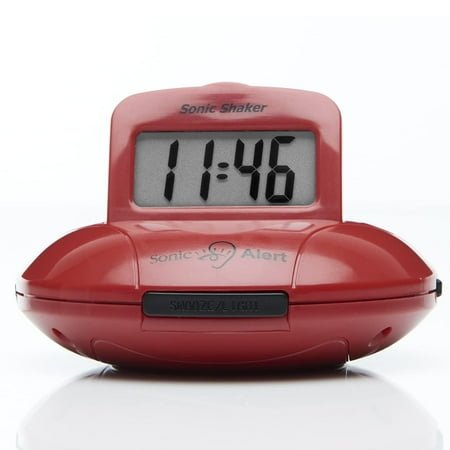 Sonic Alert - Sonic Shaker Portable Super Loud Digital Alarm Clock for Heavy Sleepers, Compact Design, Red