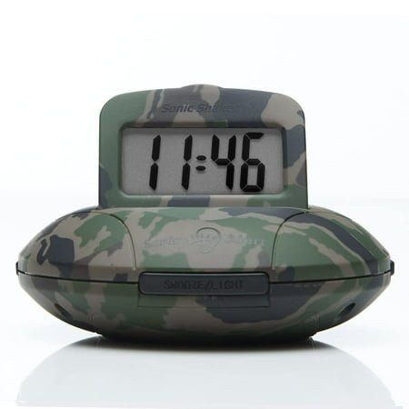 Sonic Alert - Sonic Shaker Portable Super Loud Digital Alarm Clock for Heavy Sleepers, Compact Design, Camouflage