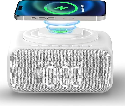 Alarm Clock Radio,Sound Machine,Wireless Charger,Bluetooth Speaker Bedroom,White Noise Machine for Sleeping with 12 Soothing Sounds,FM Radio,Adjustable LED Night Light,Phone stand for Home,Office,Gift