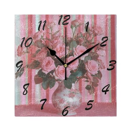 Square Wall Clock Silent Non-Ticking Battery Operated Retro 7.78 Clock for Bedroom Living Room Decor Pink Roses