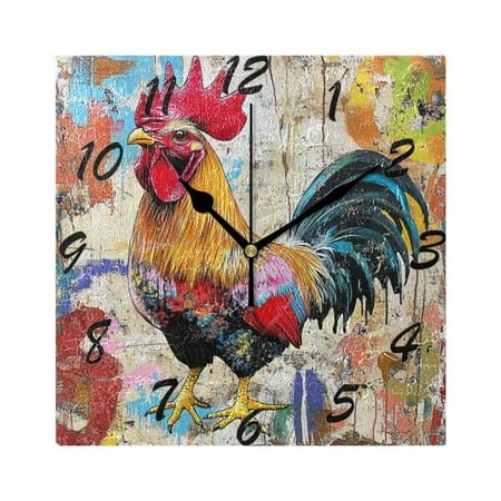 Square Wall Clock Silent Non-Ticking Battery Operated Retro 7.78 Clock for Bedroom Living Room Decor Colorful Rooster