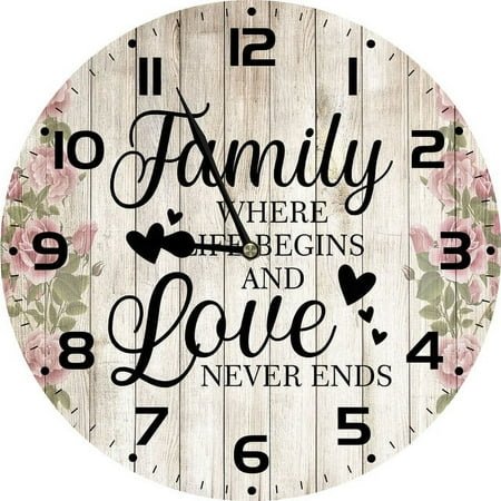 SRongmao 10inch Wood Wall Clock Quartz Analog Silent Non-Ticking Family Wall Art Family Where Life Begins Love Never Ends Wall Clock Battery Operated for Living Room Bathroom Bedroom Kitchen