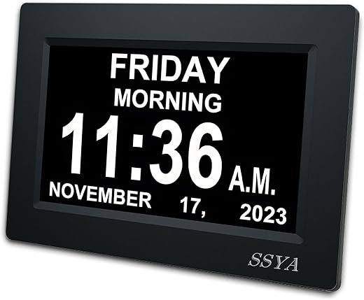 SSYA 7 Inch Calendar Clock - 12 Alarm Options, Level 5 Auto Dimmable Display,Extra Large Impaired Vision Digital Clock with Non-Abbreviated Day & Month Alarm Clock (7 inch)