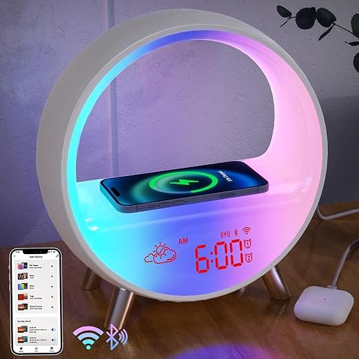 Sunrise Alarm Clock, Smart Wake-up Light App Controlled, Dual Alarms with Bluetooth Speaker, Wireless Charging Statioon, Snooze Function, for Kids, Heavy Sleepers&Adults