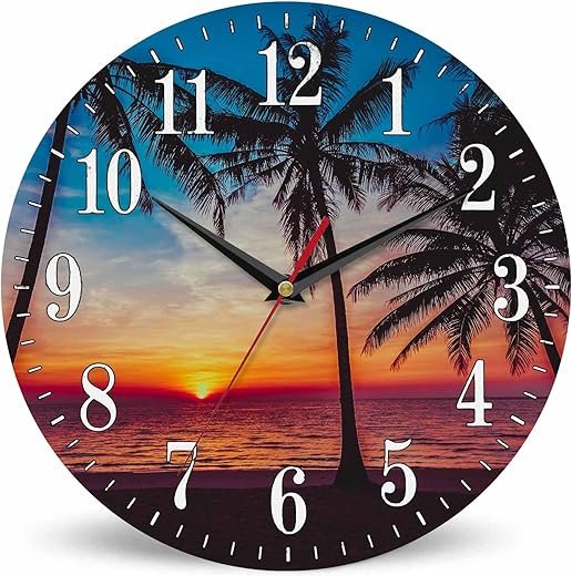 Sunset Tropical Beach Wall Clock Beautiful Sunset Palm Tree Leaf Dusk Seascape 10 Inch Silent Non Ticking Battery Operated Clock Vintage Round Clock for Living Room Bedroom Bathroom Decor