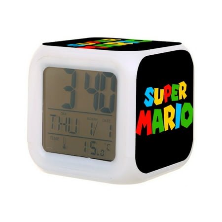 Super Mario Digital Alarm Thermometer Night Glow Cube 7 Color Clock LED Changing LCD Display Suitable for Bedroom Children