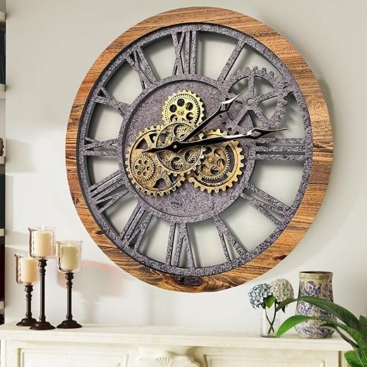 The Gears Clock The Original Real Moving Gear Wall Clock Vintage Industrial Oversized Rustic Farmhouse (24 inch (60cm),Wood e Stone