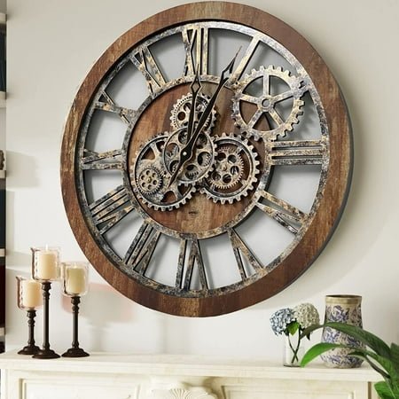 THE GEARS CLOCK Wall Clock with Real Moving Gears AM-LI_ 24 in Round Vintage-Brown