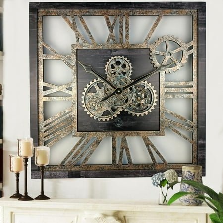 THE GEARS CLOCK Wall Clock with Real Moving Gears AM-LI_ 24 in Square Vintage-Black