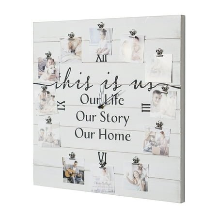 This is Us White Wood Plank Photo Collage Clock with Picture Clip - 20 x 20