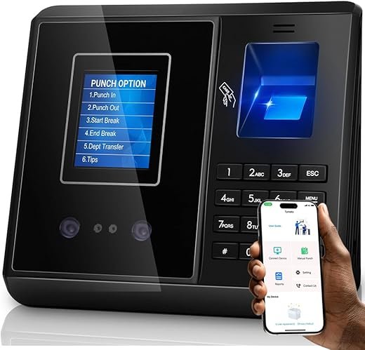 Time Clock, App-Based, Face, Card &Fingerprint Attendance Machine for Employees Small Business, Time Clocks with 10 IC Card, iOS/Android App No Monthly Fee