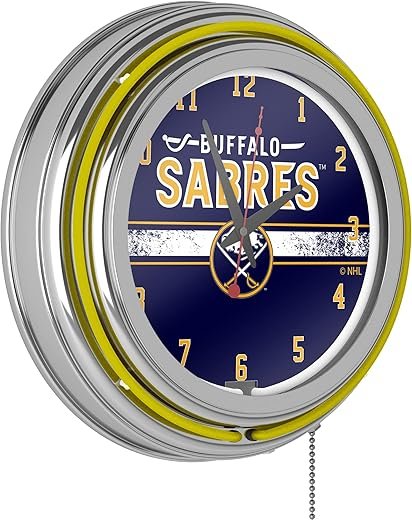 Trademark Global Neon Clock - Retro Buffalo Sabres Logo Analog Wall Clock with Pull Chain - for Kitchen, Garage, Game Room, or Home Bar