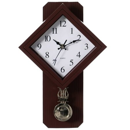 Traditional Square Wood- Looking Pendulum Plastic Wall Clock for Living Room, Kitchen, or Dining Room