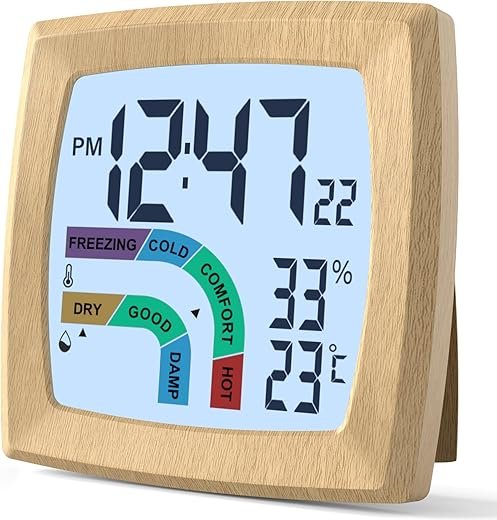 Travel Alarm Clock Bedside Clock with Auto Backlight, Battery Powered Alarm Clock Temperature and Humidity, Second, Date, 12/24H, Wood Grained Small Clock Digital Alarm Clocks for Bedrooms