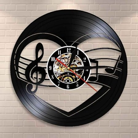 Treble Bass Clef Heart Wall Clock Music Studio Room Wall Decor Music Notes Heart Vinyl Record Clock Musicians Valentines Gift