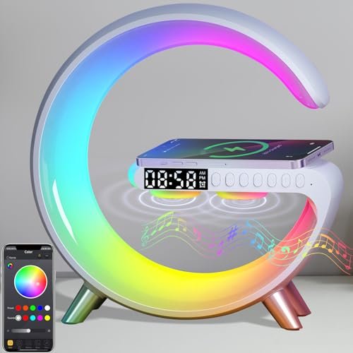 Treligate Table Lamp with Wireless Charger, Atmosphere Lamp with White Noise, Smart Light Sound Machine, Bluetooth Speaker with Alarm Clock, App Control Night Light Lamp for Bedroom【Large G ‎NH-69】