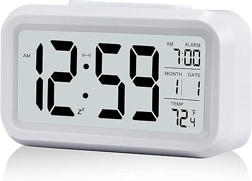 Upgraded Digital Alarm Clock, 4.3 LED Display with Temperature Larger Lound Light Control Portable Snooze Calendar Brightness with Battery Powered Alarm Clocks Bedside for Everyone(White)