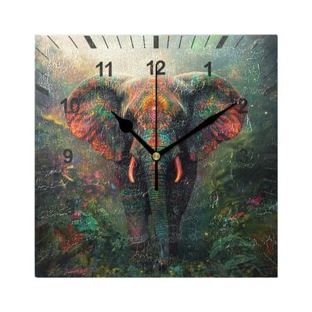 Vibrant Elephant in Forest Wall Clock Battery Operated Silent Non-Ticking Bedroom Office Kitchen Home School Decor 7.8(Black)