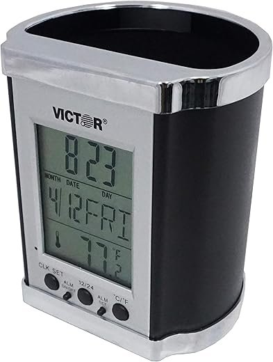 Victor PH500 Electronic Pencil Cup w/LCD Display, Temperature in Farenheit & Celsius, Time, Date, Day of Week, Great for Home and Office Desks, Black & Chrome