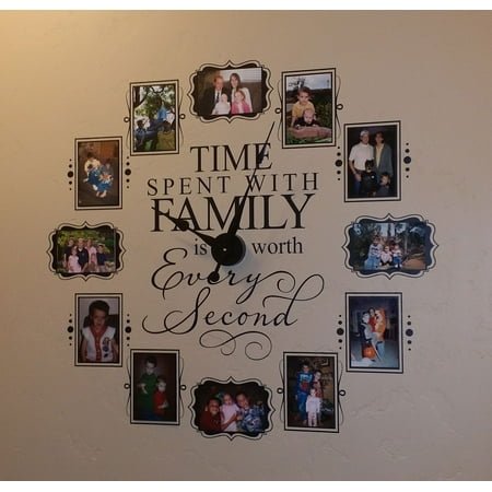 Vinyl Wall Clock Time Spent With Family... 5 x 7 photos in Black Vinyl Lettering