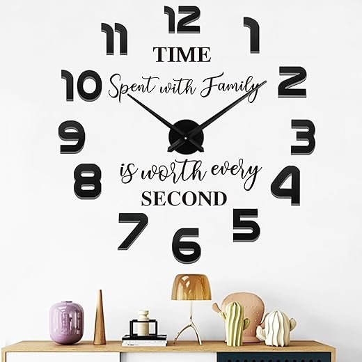 VREAONE Large Wall Clock for Living Room Decor,Frameless DIY Modern 3D Wall Clock with Mirror Numbers Stickers for Home Bedroom Office Wall Decorations Ideas(Black)