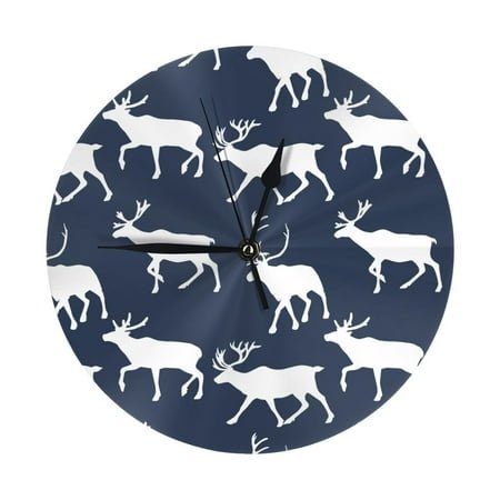 Wall Clock - Aesthetic reindeer moose navyblue 9.8 Inch Silent Non Ticking Modern Round Wall Clocks Battery Operated Classic Clock for Bedroom, Living Room, Office, Home, Kitchen, Bathroom