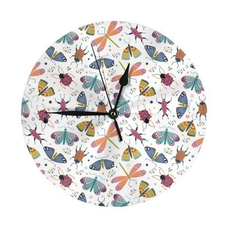 Wall Clock - Colorful Insects 9.8 Inch Silent Non Ticking Modern Round Wall Clocks Battery Operated Classic Clock for Bedroom, Living Room, Office, Home, Kitchen, Bathroom