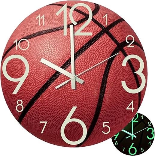 Wall Clock Basketball WallClock 12 Inch Luminous Silent for Bedroom, Living Room, Birthday Chritmas Gifts Present for Kids Son Boys Baby Children NBA Basketball NCAA Fans (Basketball L)