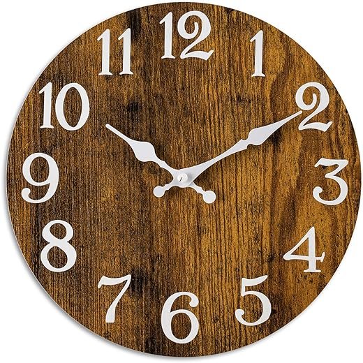 Wall Clock Battery Operated 10 Inch Kitchen Wood Silent Non Ticking Vintage Analog for Bedroom, Bathroom, Living Room, Home Office(Brown)